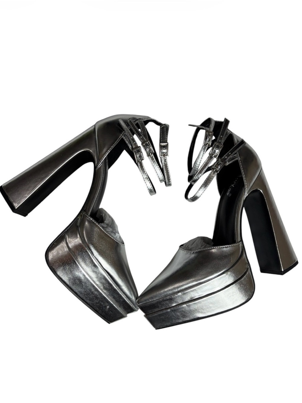 Silver metallic vegan pointy toe extreme platform Mary Jane heels size 8.5 & 9